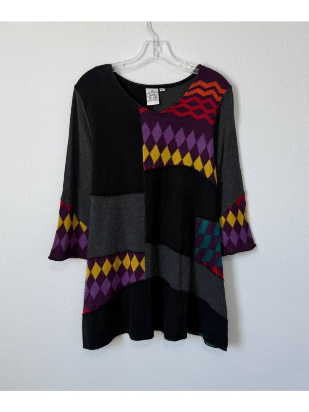 Paisley&Sage 3/4 Sleeve V-Neck Multicolor Patchwork Boho Sweater Women's Size M